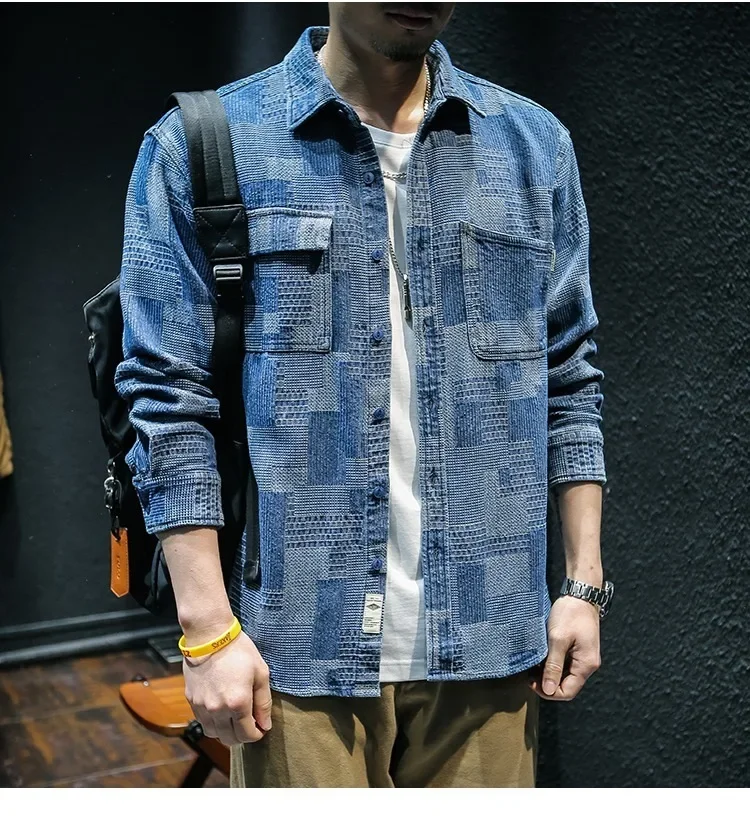 Retro Plaid Long Sleeved Denim Shirt For Men Fashion Loose Cargo Shirt Jacket Coat Y2k Streetwear Korean Trend Men Clothing