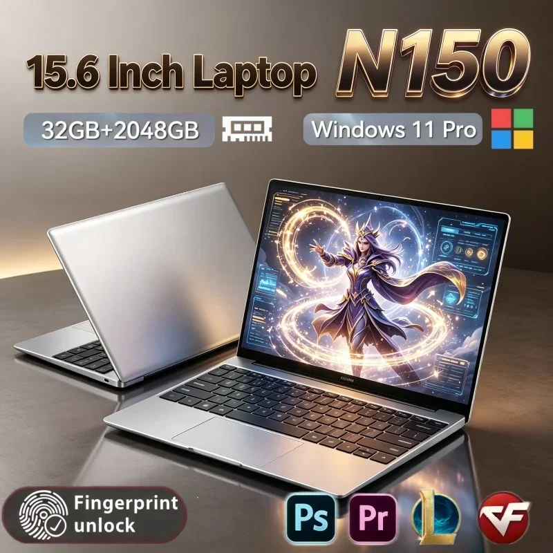Intel N150 15.6 Inch Laptop Windows11 32GB RAM 2TB SSD Fingerprint Unlock High‑Speed Office Study Portable Notebook