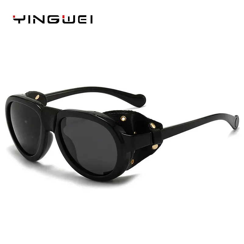 Oversized Men Polarized Sunglasses For Women Luxury Brand Design Round Steampunk Leather Eyeglasses Vintage Oculos UV400 Gafas