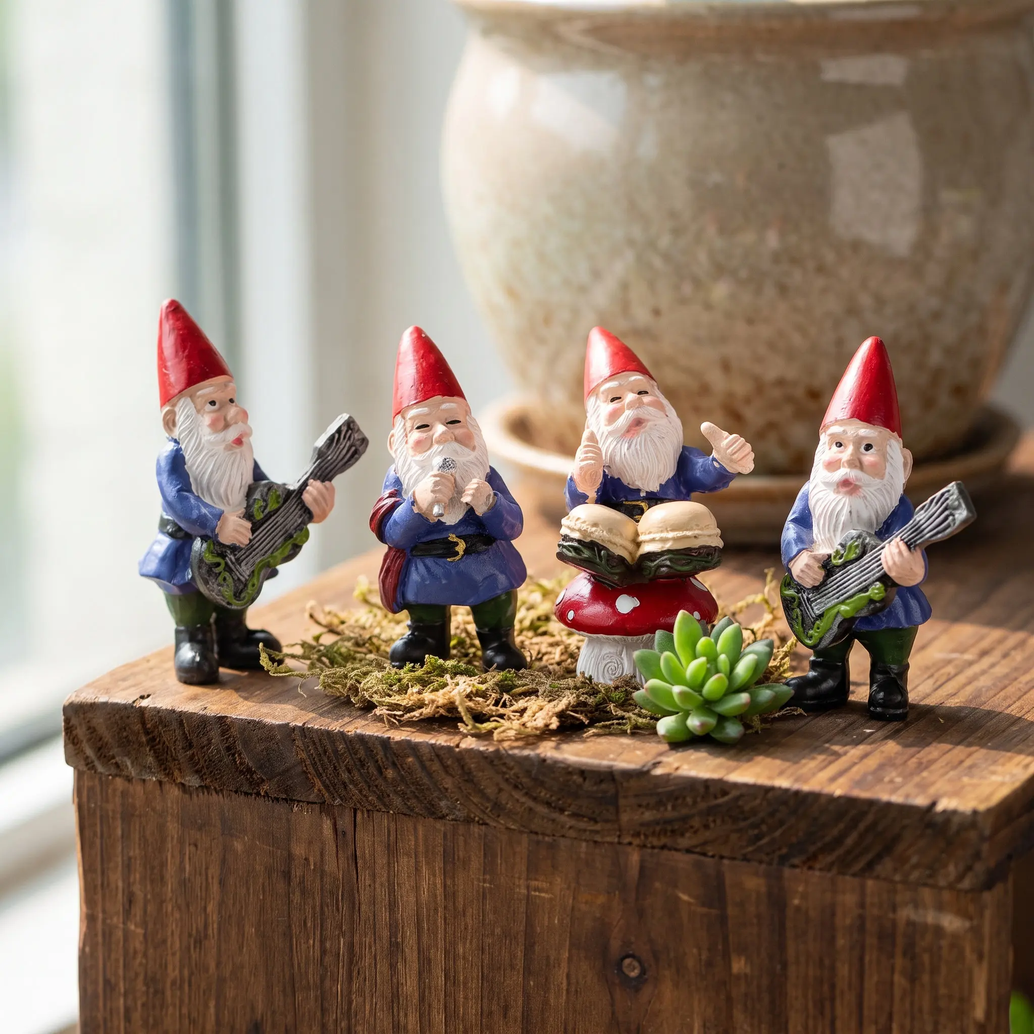 4Pcs Mini Music Band Gnome Statues Resin Garden Decor Lightweight Funny Gesture Outdoor Indoor Home Office Lawn Villa Party Xmas
