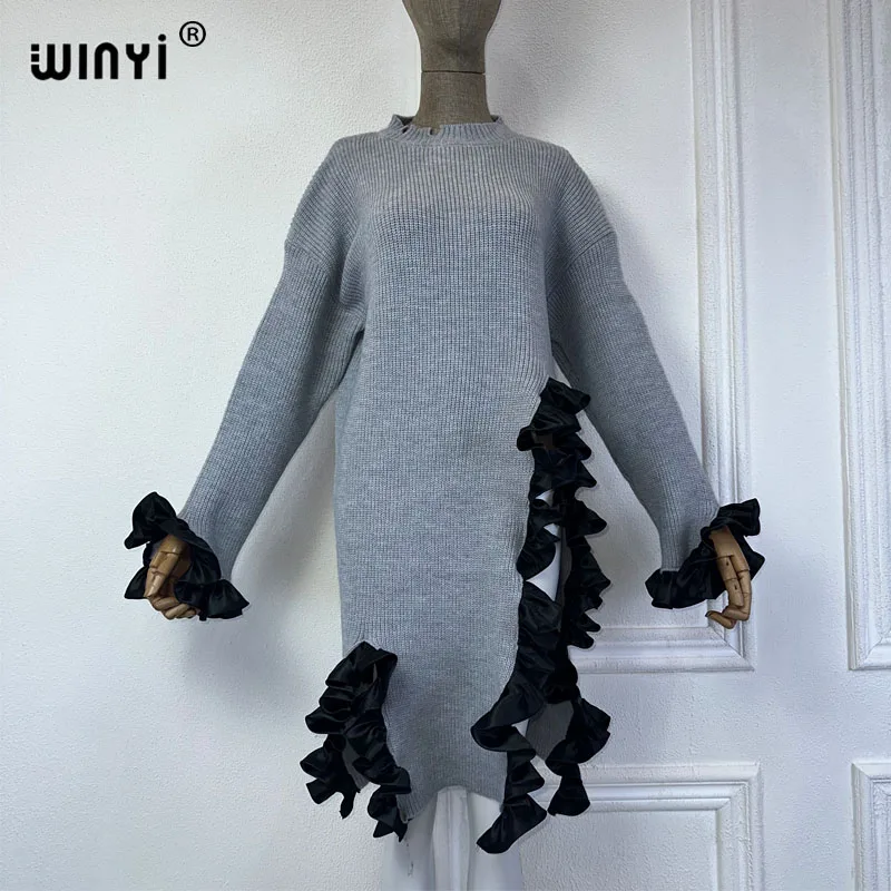 

WINYI Solid color elastic knitted long winter dress Elegant Africa Women Boho party winter clothes for women High fork pullover