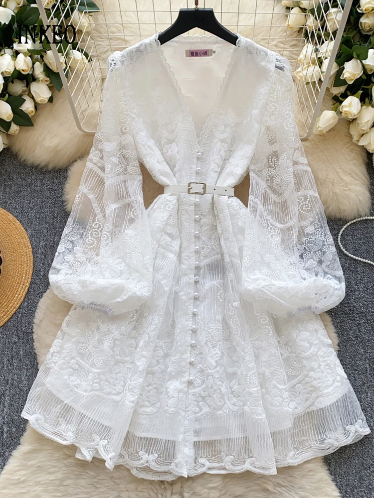 

Vintage Lace embroidery Mini dress with belt Women 2025 Summer Beach V-neck Long sleeve shirt dresses See-throught INKEO 5D048