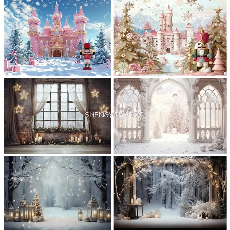 

Christmas Tree With Gift Boxes Photography Backdrops Winter Snow Decorations Wooden Door Fireplace Room Background Props WR-04