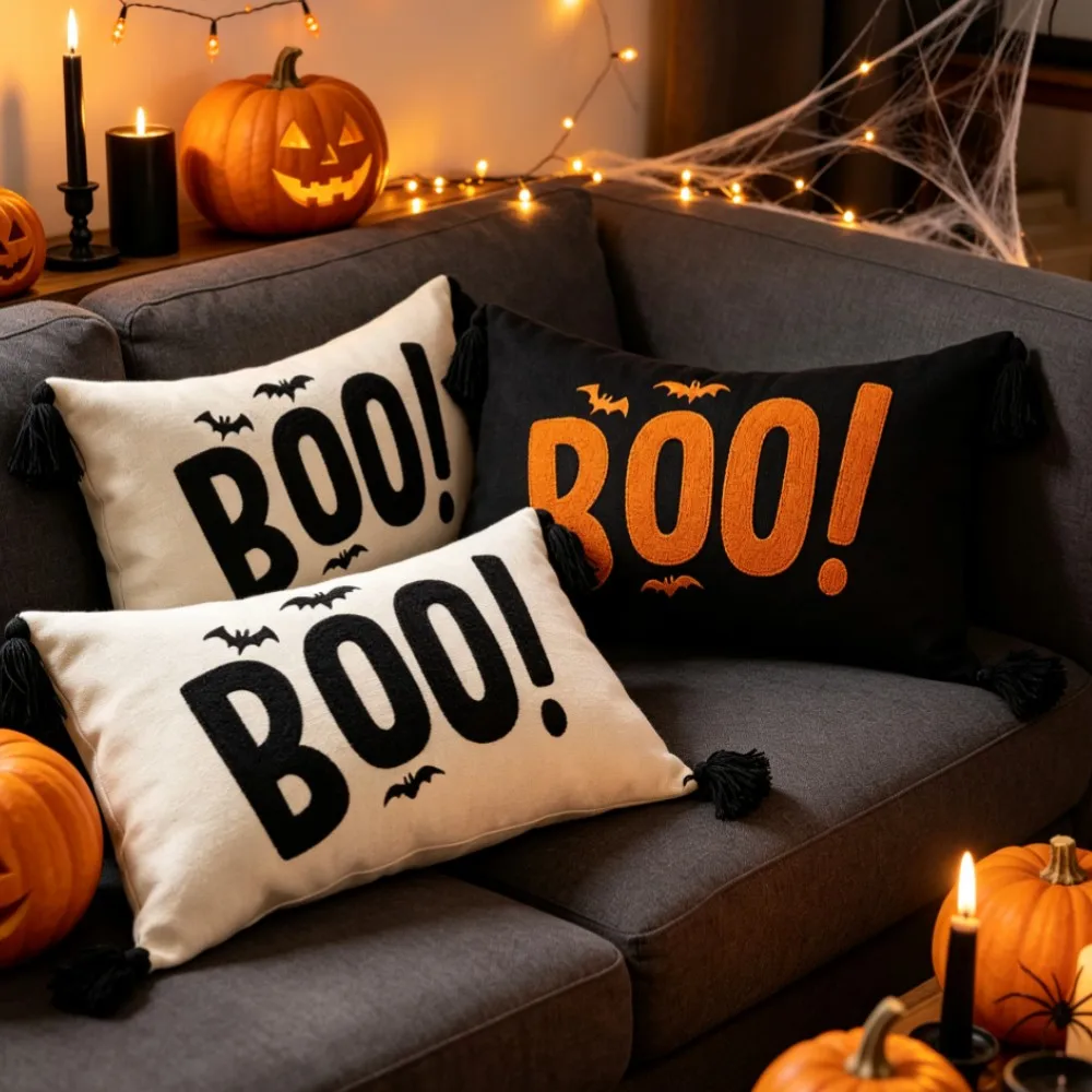 1/2PCS 30X50cm Embroidered BOO Halloween Decor Pillow Cover, Decorative Canvas Pillow Cover for Halloween Style Decor