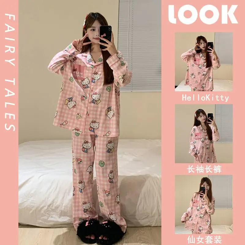 Pyjama imprimé dessin animé Sanrios Hello Kittys pour femme, vêtements de détente, Cardigan à manches longues, vêtements de maison, ensemble deux pièces, automne et printemps