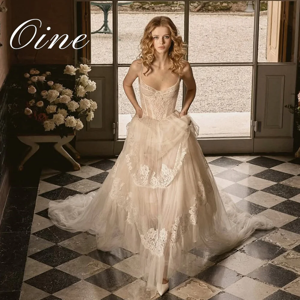 Oine 2026 Elegant A-Line Wedding Dresses Spaghetti Strap Boho Lace Tulle Pleat Bridal Dress Pearl Wedding Party Gowns Customized
