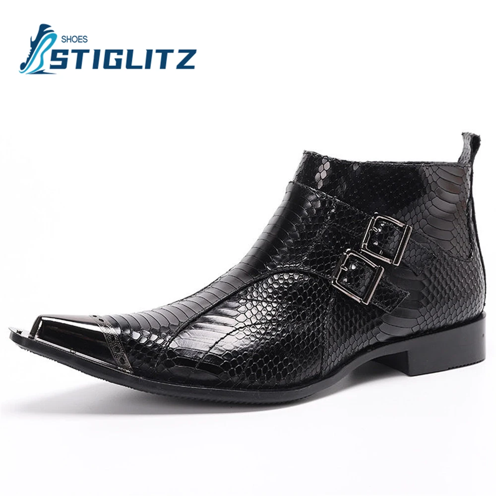 Panel Crocodile Chelsea Ankle Boots Buckle Side Zipper Black Leather Boots New British Style Men\'s Business Formal Casual Shoes