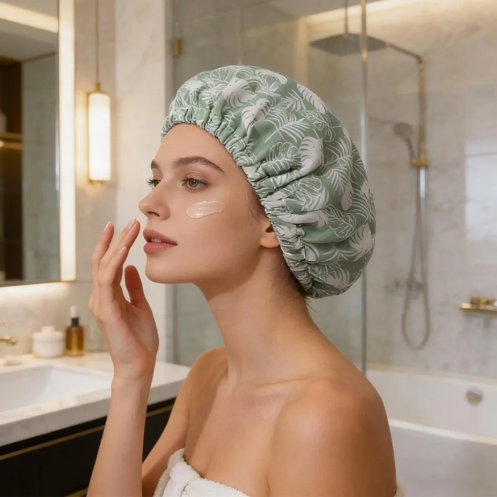 New Waterproof Shower Cap Double Layer Satin Lined Shower Bonnet Flower Printed Soft Elastic Band Bath Cap Salon Use