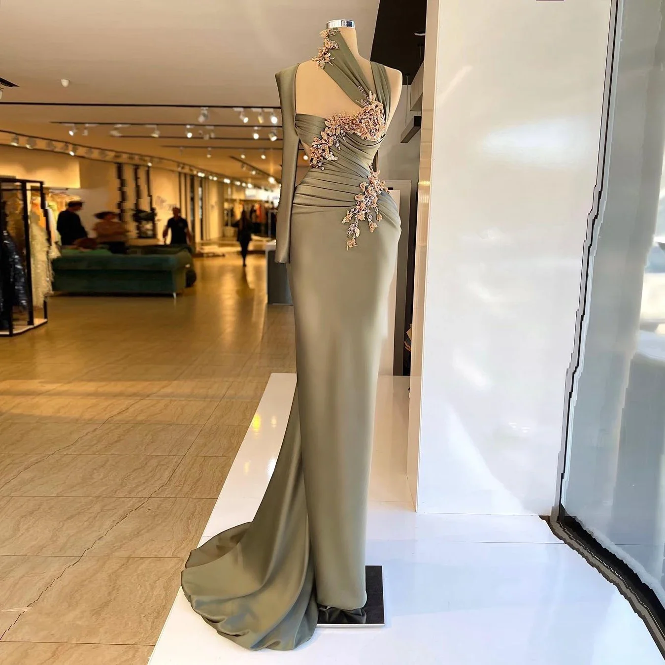 Formele elegante galajurken enkele lange mouwen 3D bloemen vrouwen lange zeemeermin avond optocht feestjurken plus maat op maat gemaakt