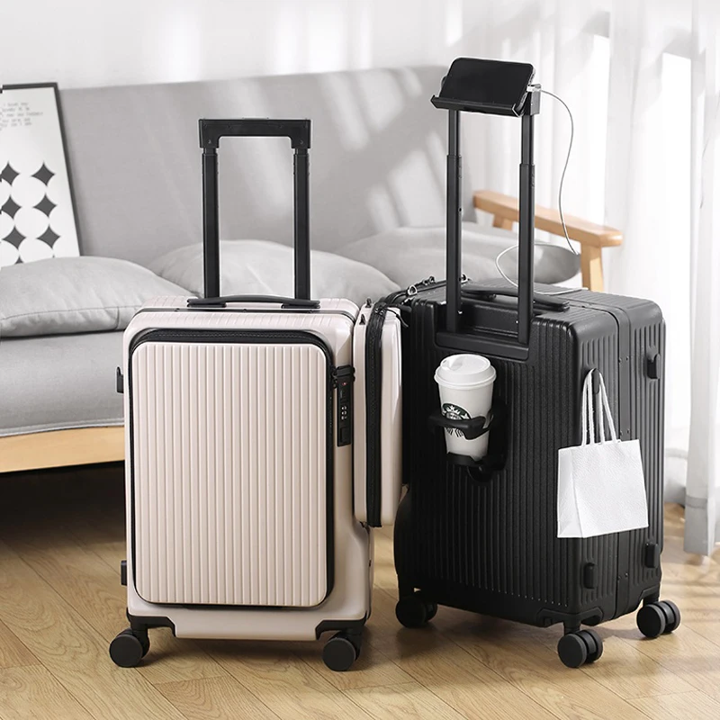 صندوق الصعود 20 بوصة مع حقيبة معلقة جانبية حقيبة تروللي بعجلات متعددة الوظائف مع حامل الكأس USB حقيبة سفر للأعمال مقصورة الرحلة