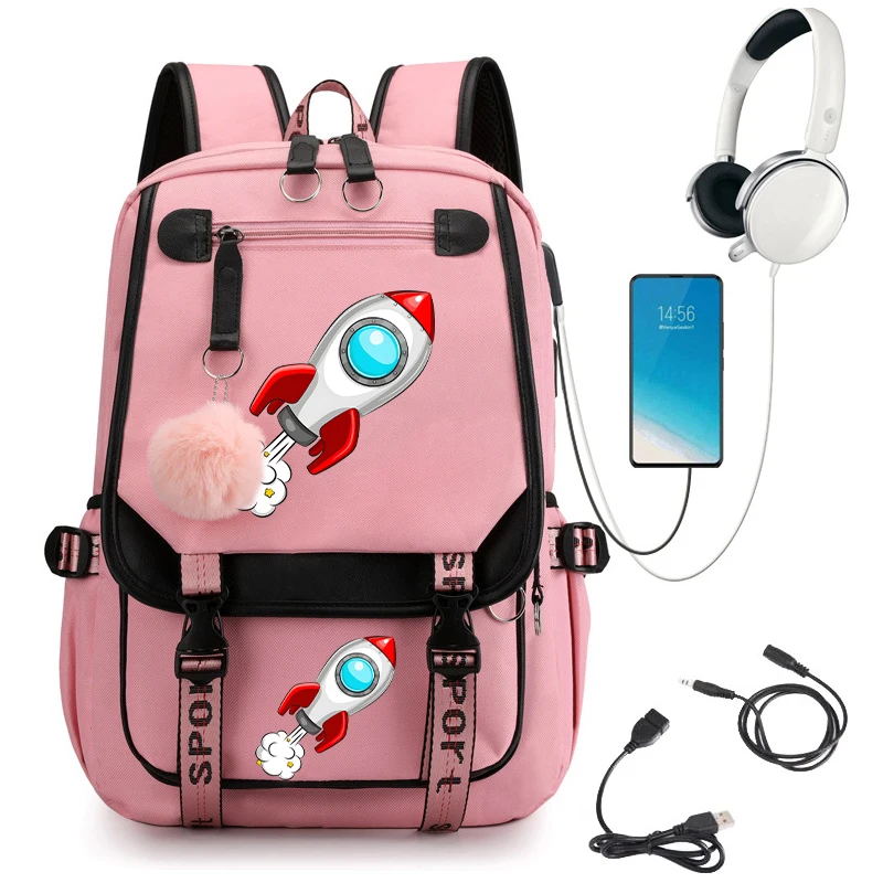 Weltraum rakete Cartoon Rucksack Taschen für Mädchen Sekundarschule Bagpack College-Student Teenager Bücher tasche USB-Lade rucksack