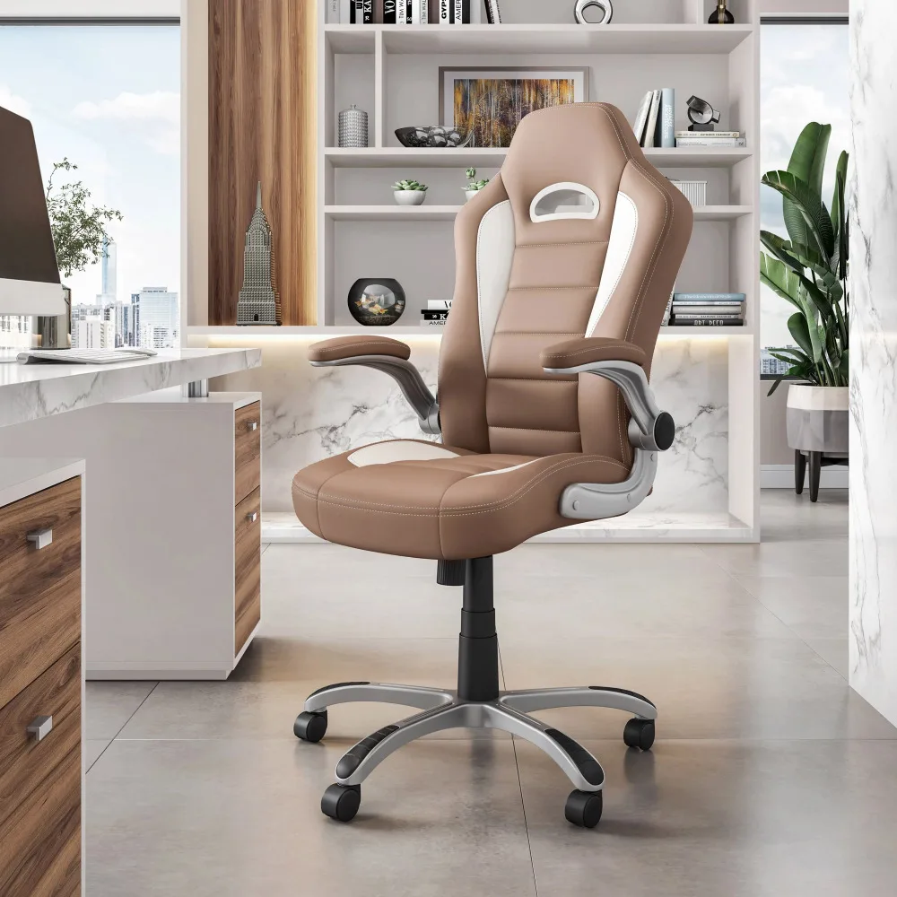 Office Chairs，Adjustable Office Chair with Faux Leather Upholstery，High Back Executive Sport Race Office Chair with Flip-Up Arms, Camel