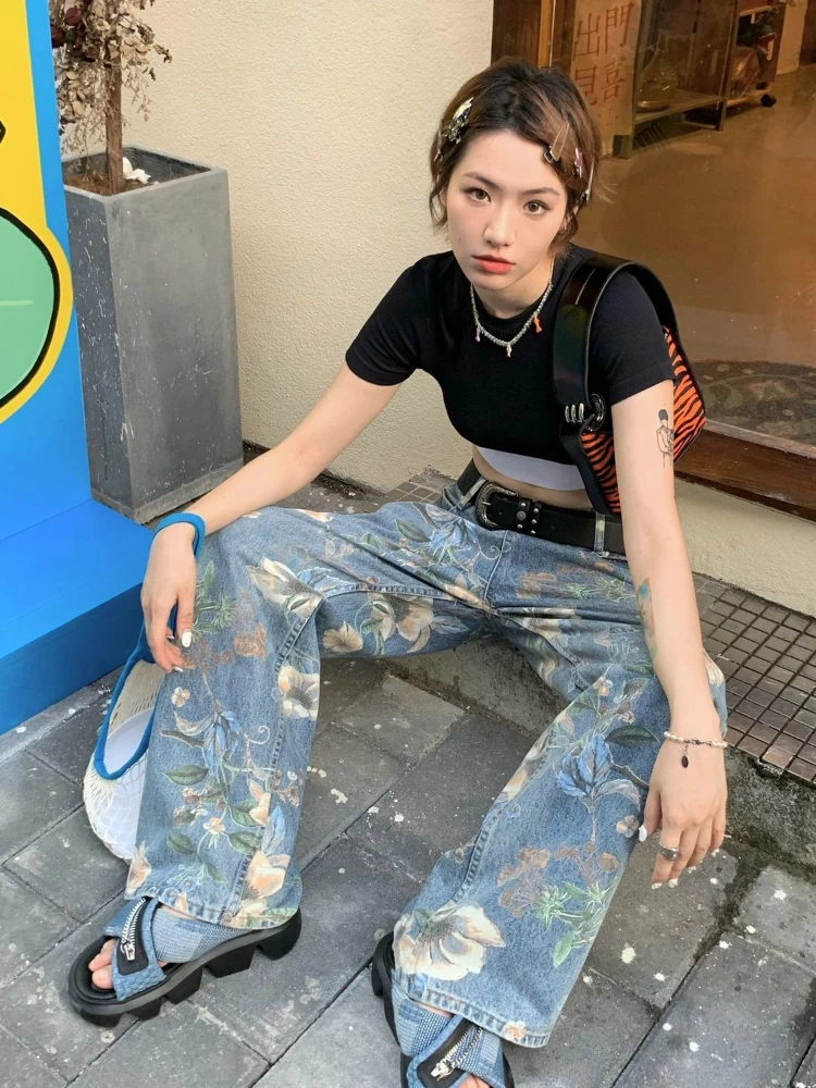 ADAgirl Floral Print Jeans de cintura alta Mulheres Y2k Pattern Calças largas Streetwear Straight Fashion Harajuku Causal Hip Hop Estilo