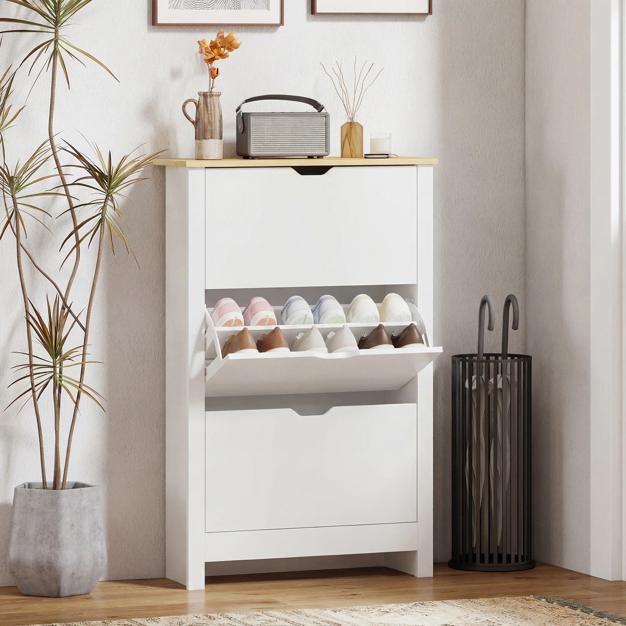 HOMCOM 18-Shoe Storage Cabinet 6 Shelves 3 Drawers Tabletop 4 Legs Modern White
