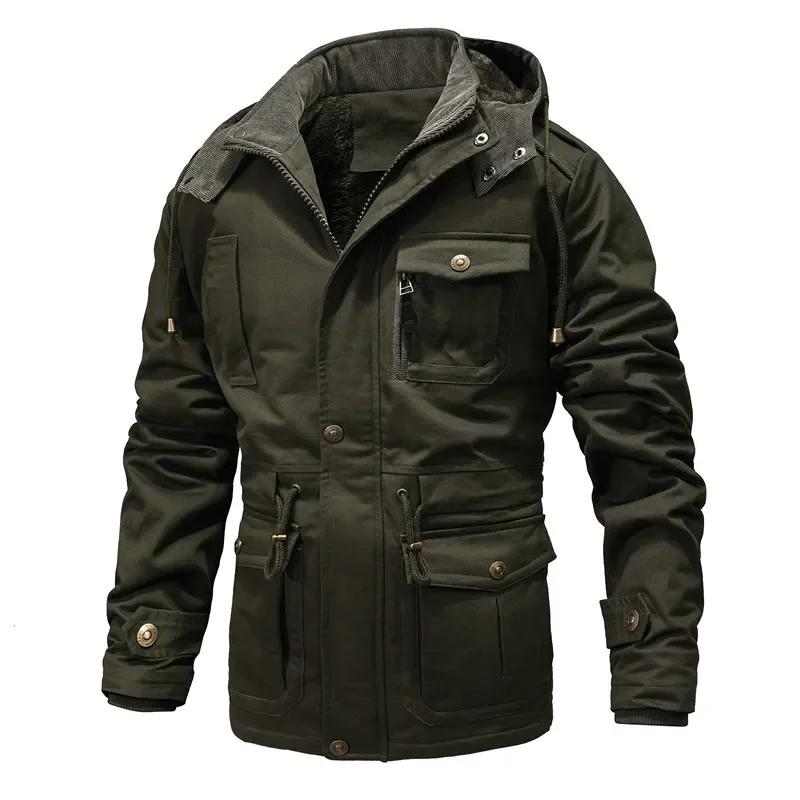 Men Military Jackets Multi Pockets Winter Coats Hooded Casual Parkas Fleece Down Jackets New Male Outdoor Tooling Casual Jackets