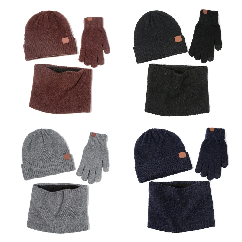 New 3 Pieces Men Women Winter Beanie Hat Scarf for Touch Screen Gloves Set for Triangle Striped Knit Thermal Plush Lined