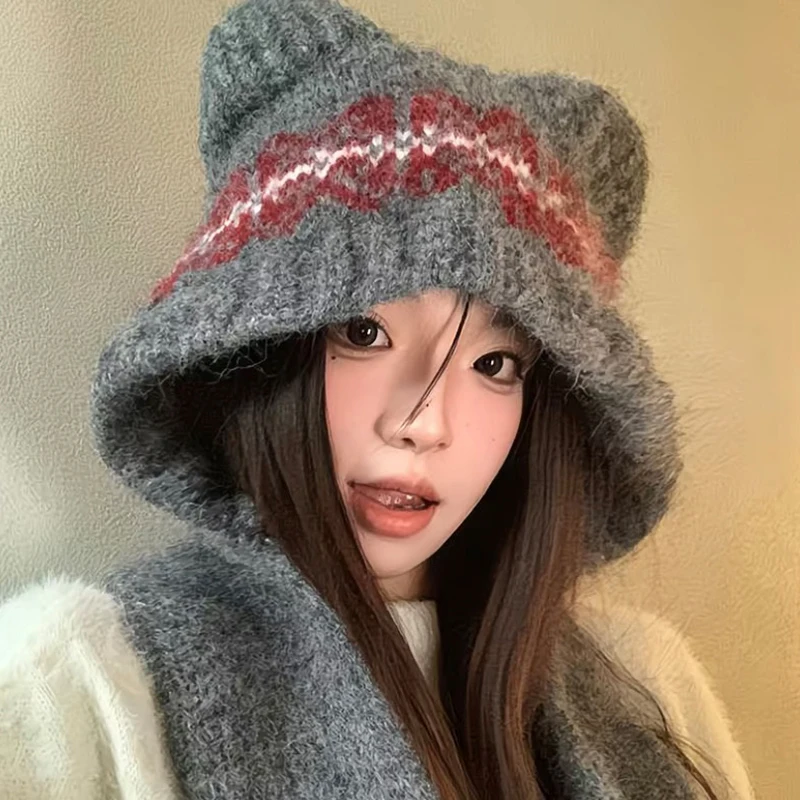 Gorro con bufanda tejida de oso bonito para mujer, gorro con protección para los oídos, pasamontañas cálido para invierno, pañuelo de lana, gorros con capucha para niñas