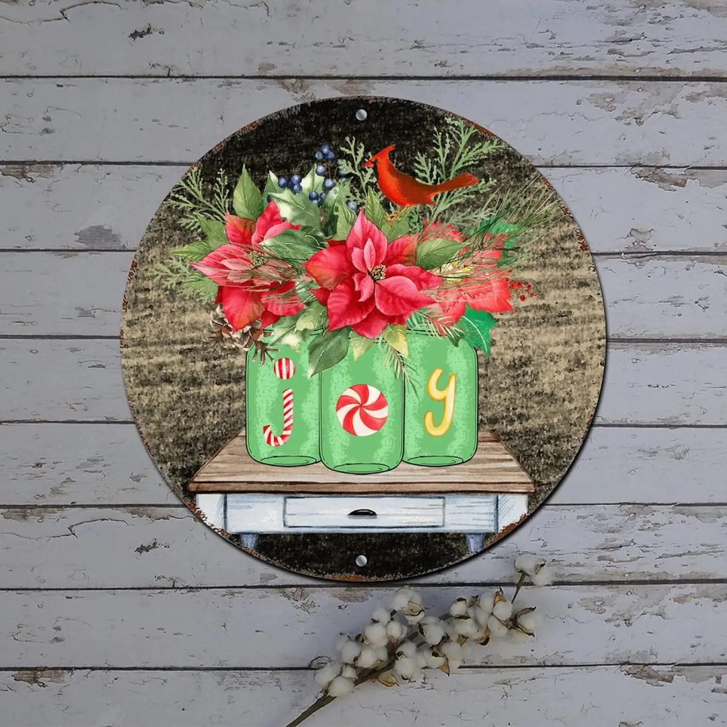 Red Truck Wreath Sign Poinsettia Vase Joy Wood Grain Round Metal Tin Sign Christmas Hanging Decorations Shabby Metal Sign for Ho