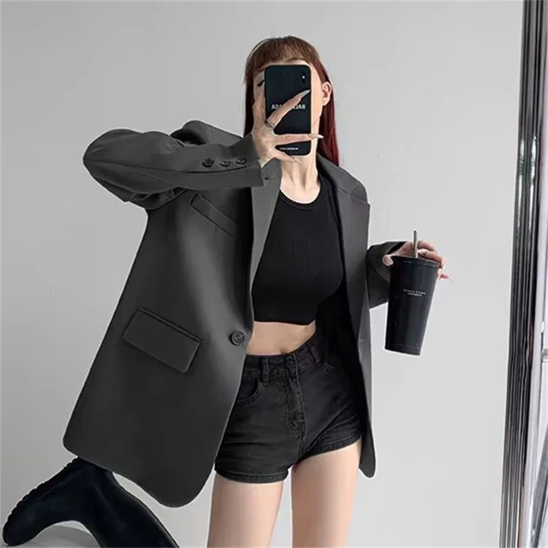 เกาหลีแฟชั่นสีดํา Blazer ผู้หญิงฤดูใบไม้ผลิฤดูใบไม้ร่วง High-end หลวมสบายๆแขนยาวออกแบบชุด Chic Blazer Mujer ใหม่