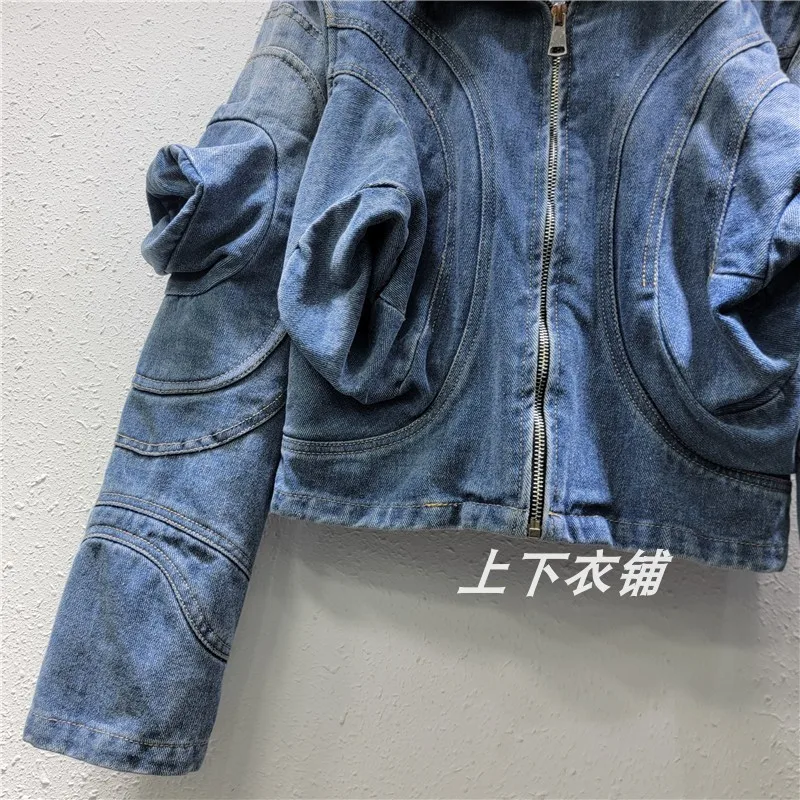 Spring Autumn Women Vintage Washed Blue Short Denim Jacket Zipper Decoration Lapel Chic Puff Sleeve Eans Jacket Coat Streetwear