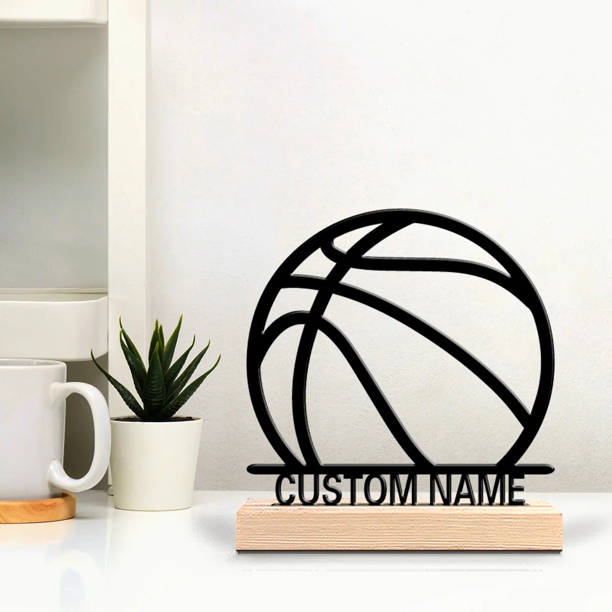 1pc Minimalist basketball Custom Text Tin Statue Metal Ornament Art Figurine With Wood Base Iron Ornament For Boys Gifts