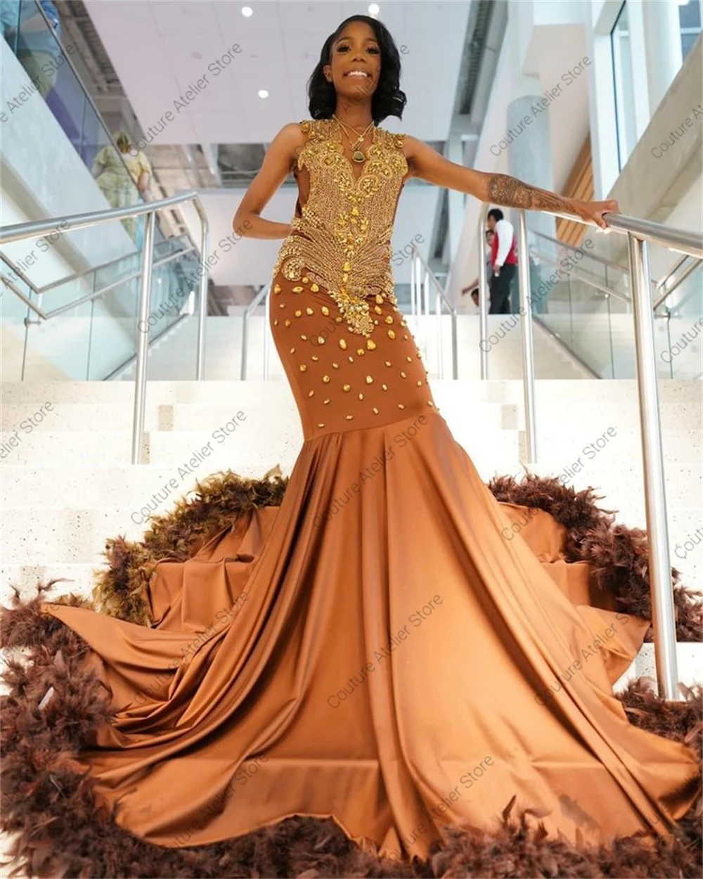 Chocolate Brown Fearhers Gold Rhinestones Prom Dresses For Blackgirls 2024 New In Formal Occasion Dress African Wedding Gowns