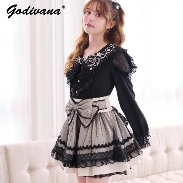

Japanese Liz Mass-produced Sweet Big Bow Lolita Mesh Patchwork Suspender Skirt New Spring and Summer Fairy Sweet Straps Skirts