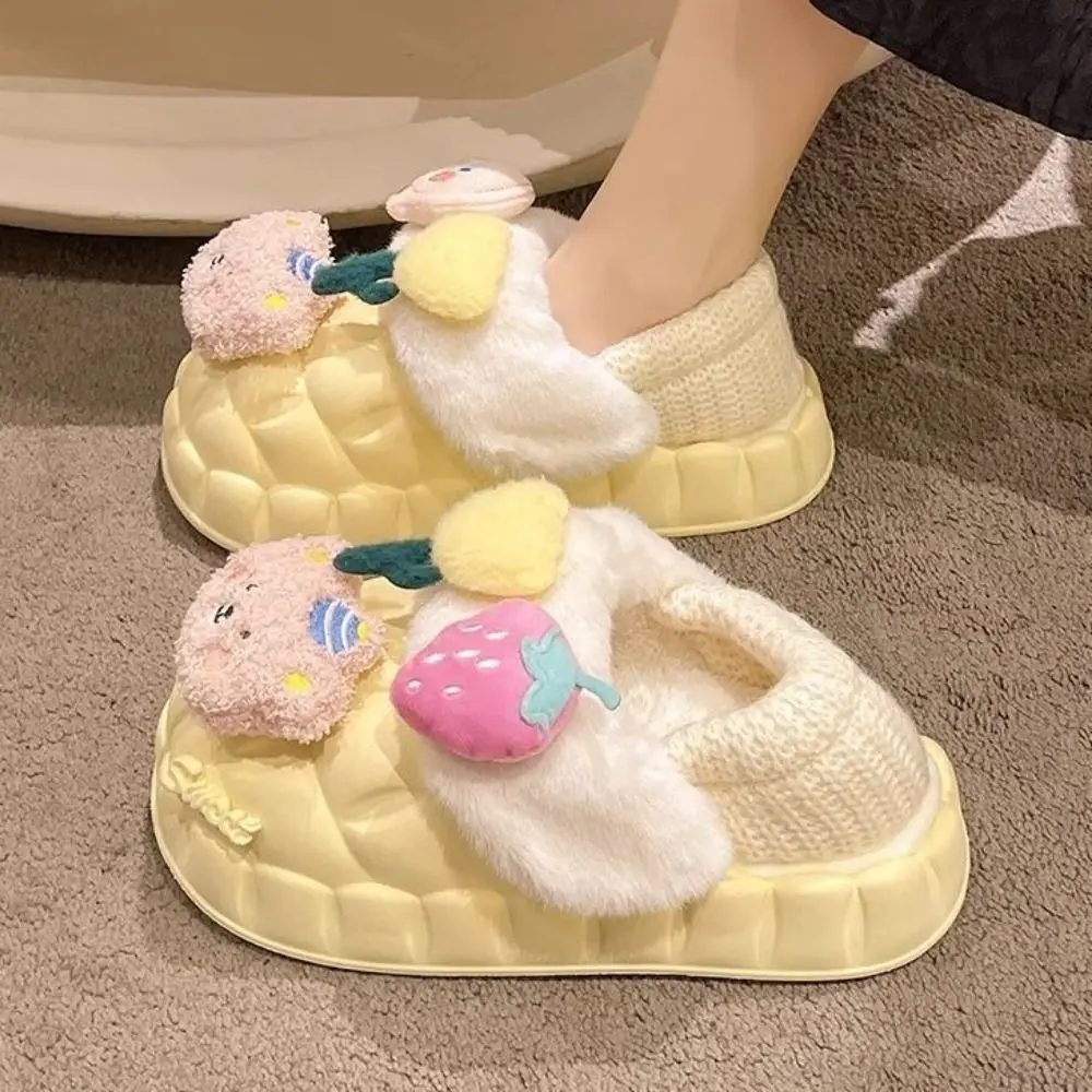 Casual Bear Flower Plush Outerwear Shoes Peach Strawberry Fluffy Soft Plush Slippers Thick Home Shoes Fleece Slippers Women Home