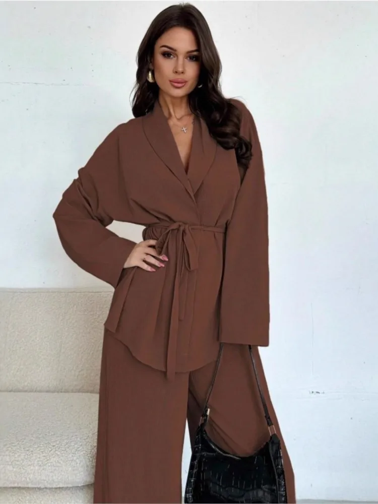 Fashion Women's Pants Suit Solid Drawstring Long Sleeve Blouse Elastic Waist Wide Leg Pants Two Piece Set Commuting Streetwear
