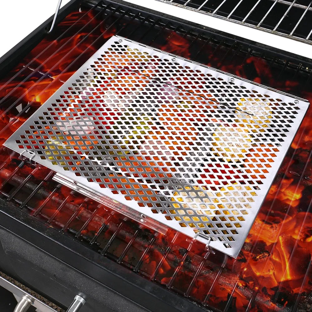 ステンレス製bbqグリルバスケット、取り外し可能な仕切り、ダブルハンドル、屋外調理用バスケット、シルバー、ポータブルグリルバスケット