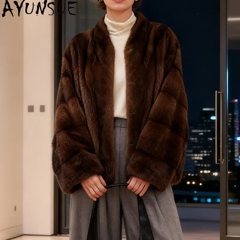 

AYUNSUE Натуральная шуба из цельного меха норки, женская зимняя куртка, женская верхняя одежда с длинными рукавами, короткая верхняя одежда, роскошная женская одежда, меховая одежда