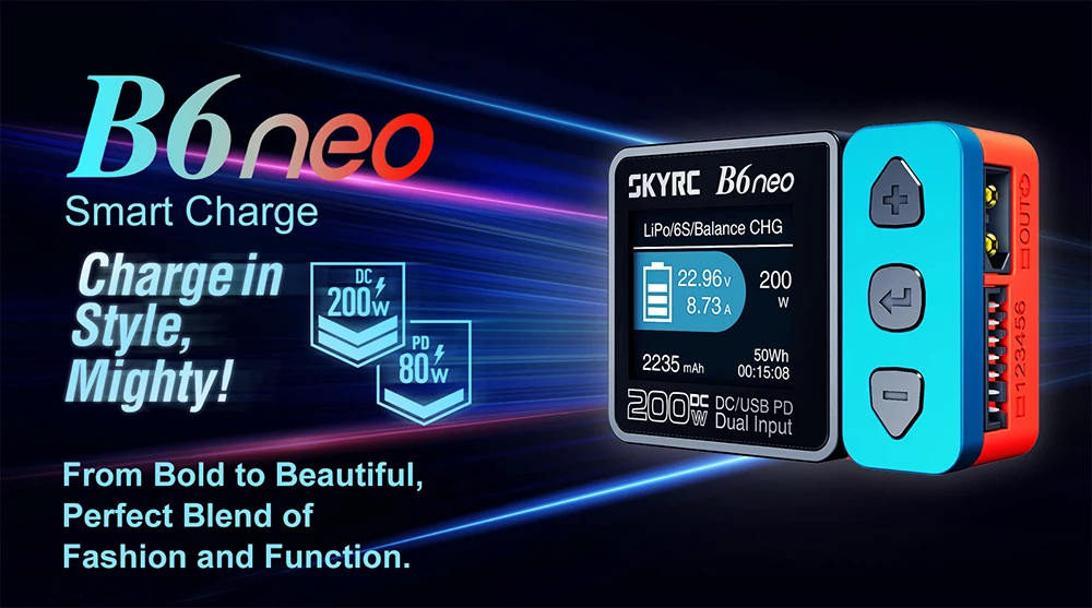 SkyRC B6 Neo Smart Charger DC 200W PD 80W LiPo Battery Balance Charger SK-100198 Compact 6S Charger Discharger