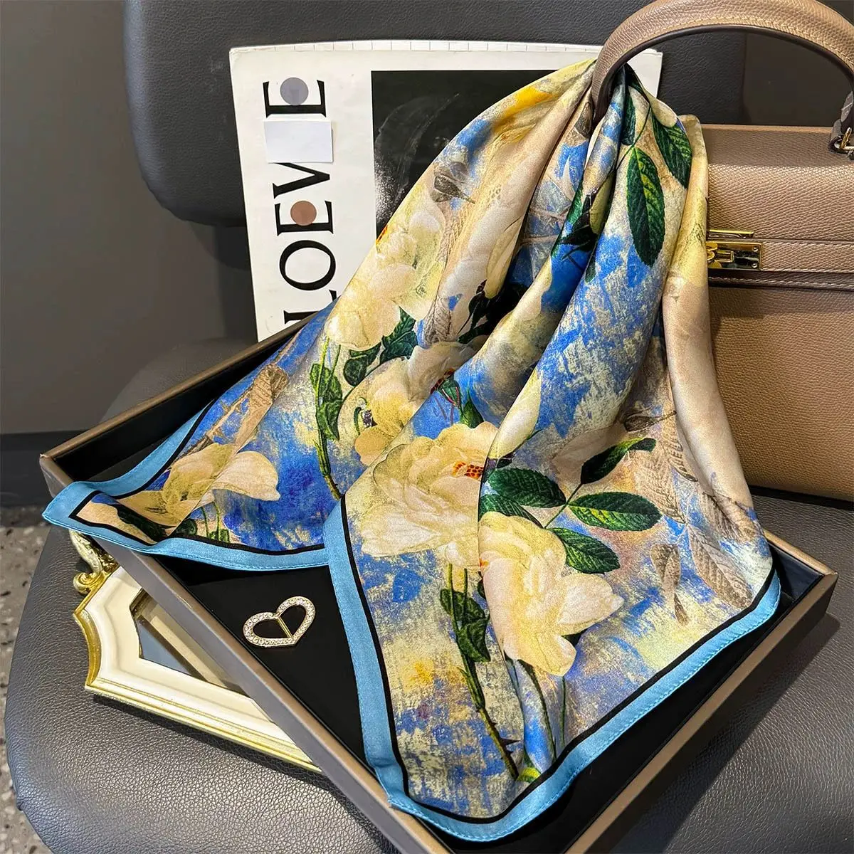 100 % natürlicher Seidenschal für Damen, Foulard, Damen-Schal, elegantes, hochwertiges, quadratisches Halstuch für Damen, Hijab, Bandana, Schals – Detail 9