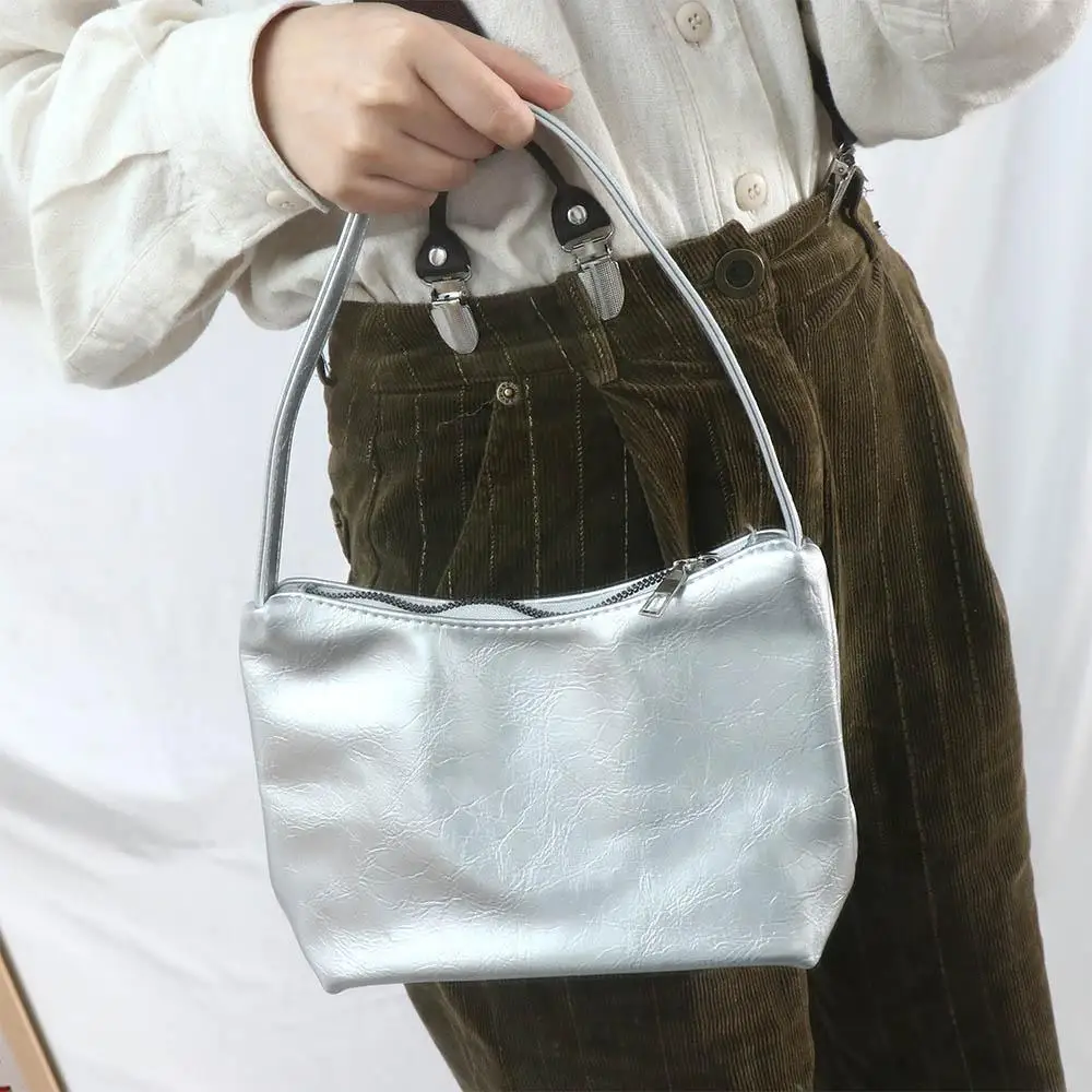 Korean INS Women\'s Silver Texture Bag Handbag Simple Advanced and Versatile Fashion Retro Underarm Bag Shoulder Bag