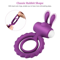 Penis Ring Delay Ejaculation Erection Durable Cock Rings Enhance Dual Vibrating Sex Toy for Men Couples Vibrator with Rabbit Ear