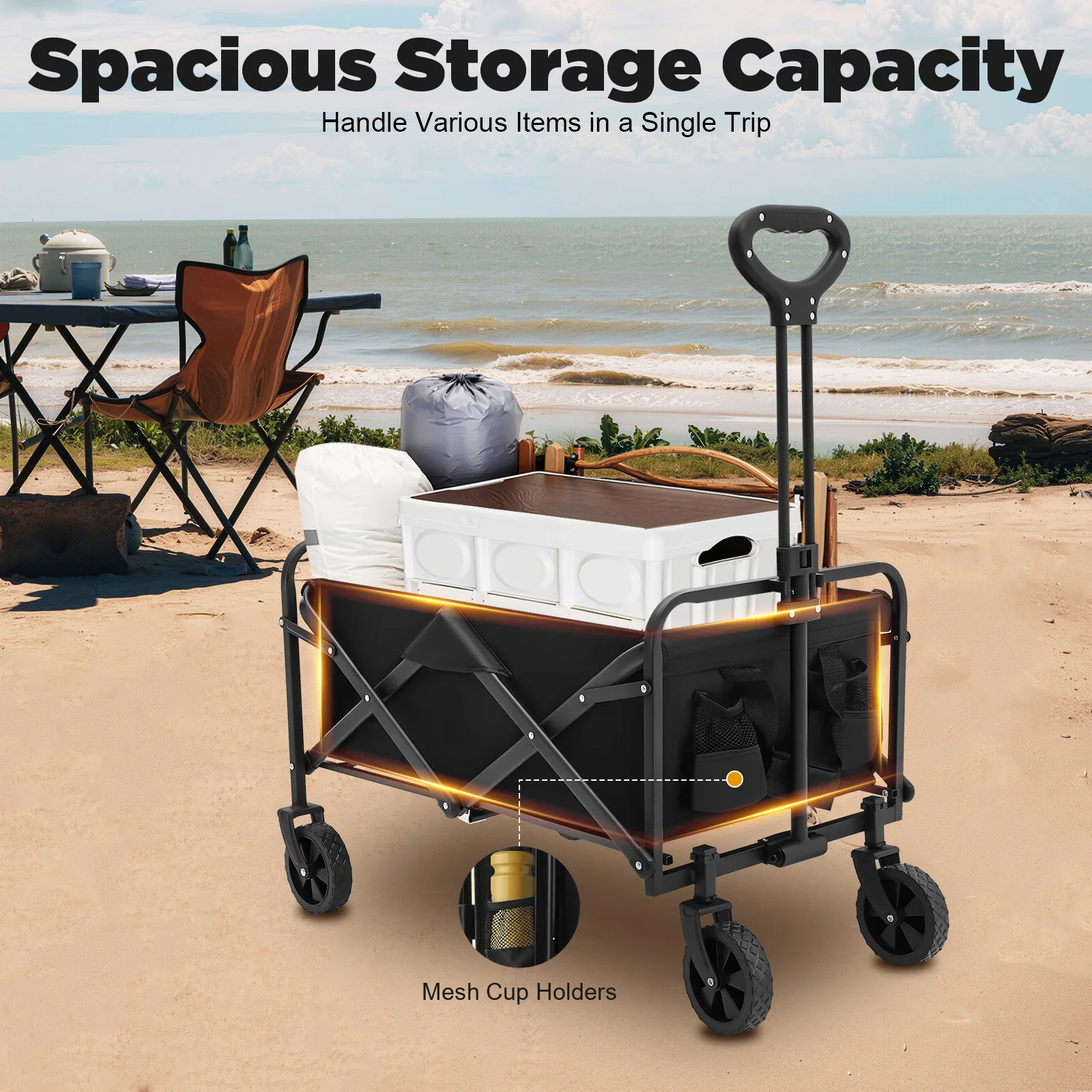 

80KG Collapsible Wagon Cart w/wheels Large Capcity Foldable Transport Cart for Outdoors Camping Beach Shopping,Handle Adjustable