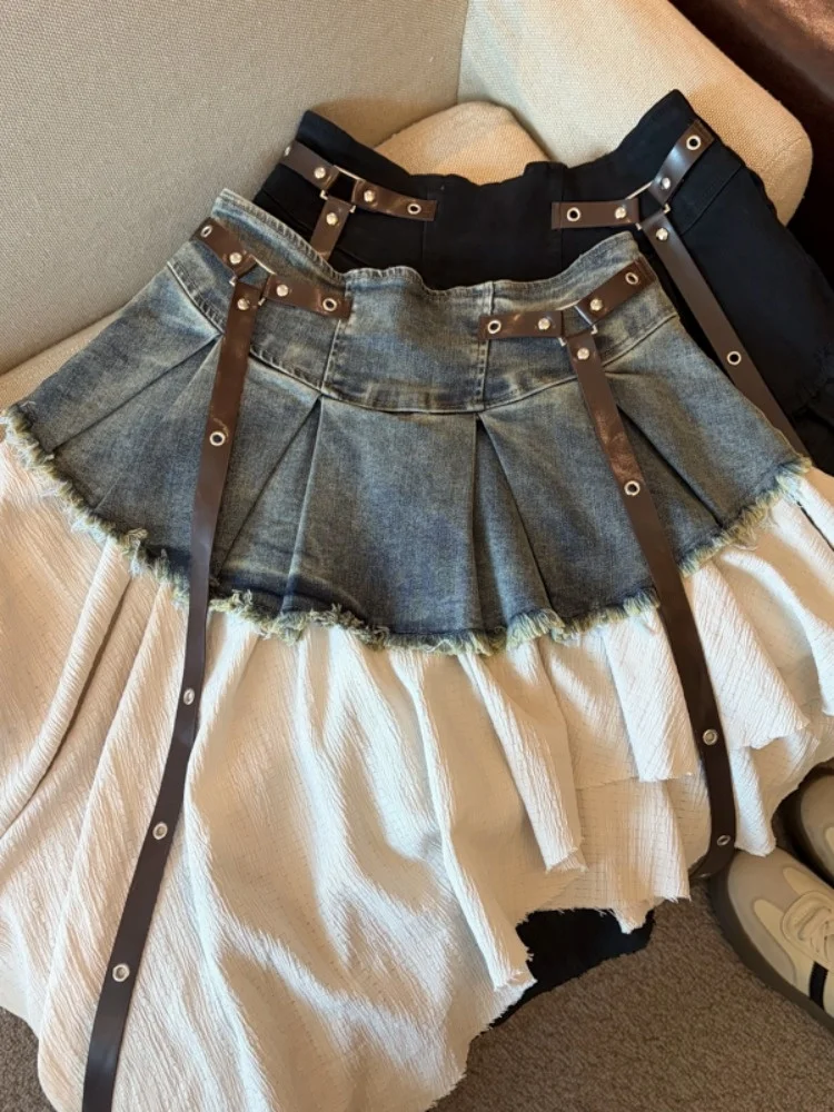 

Retro Patchwork Denim Pleated Skirt Women's Summer New Style Elegant Spicy High Waist Slim A-Line Short Skirt