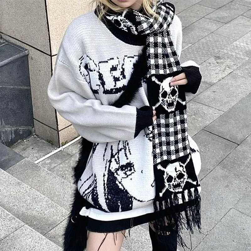 Punk Dark Style Y2k Girls Subculture Harajuku Thick Warm Knit Scarf Skull Wrap for Women Men Goth Black White Vintage Scarves
