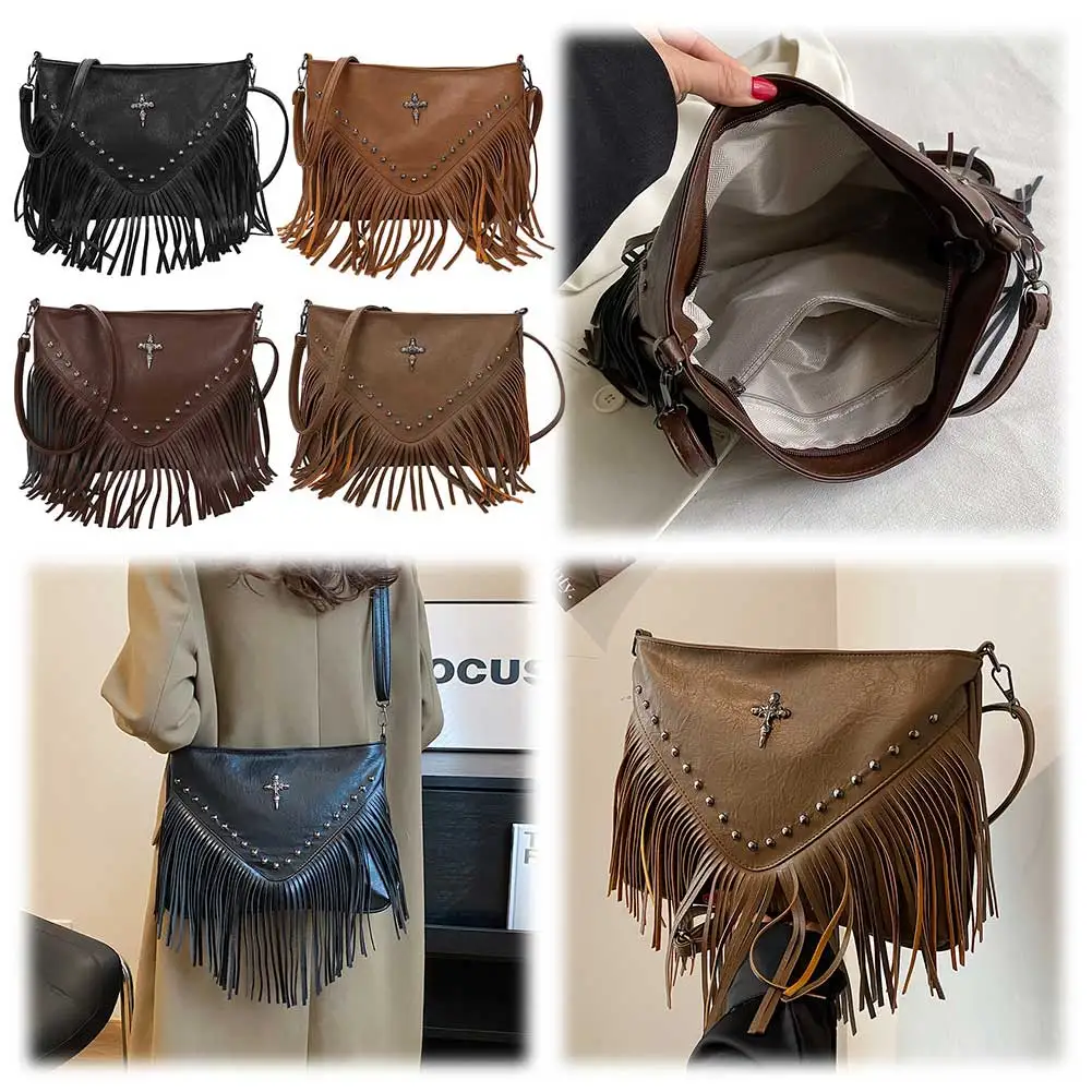

Women PU Fashionable Crossbody Bag Large Capacity Bohemian Messenger Bag Adjustable Strap Tassel Hobo Bag for Outdoor Travel