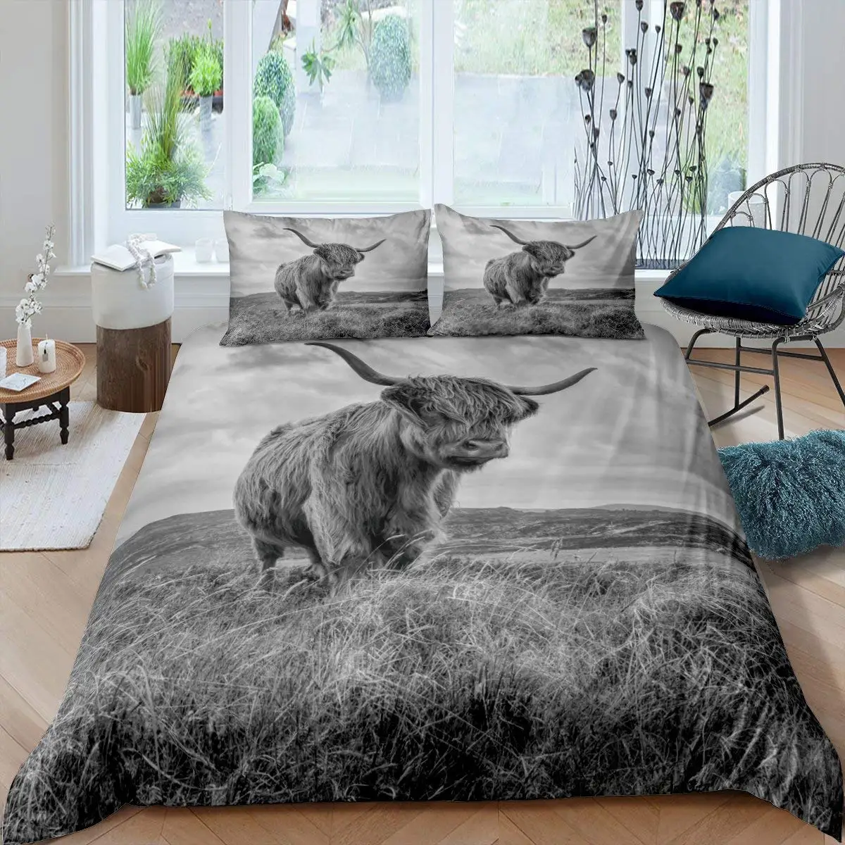 

Highland Cow Flower Duvet Cover Queen Size Bull Cattle Bedding Set Bedroom Decorative Western Funny Animal Comforter Cover Set