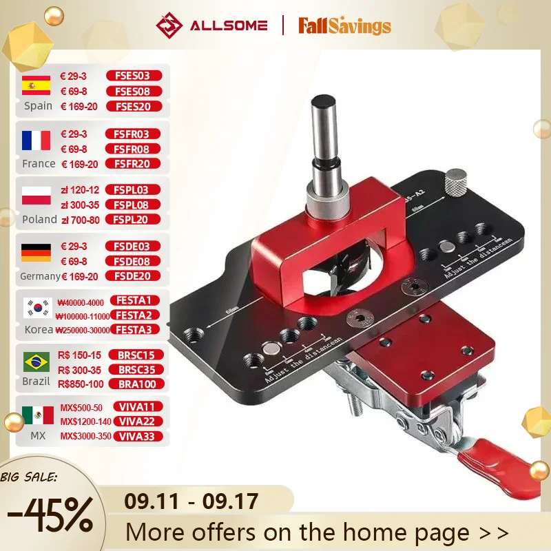 Allsome-Kit de plantilla de bisagra oculta de 35mm, localizador de guía de perforación de orificios para carpintería, herramientas de abridor de