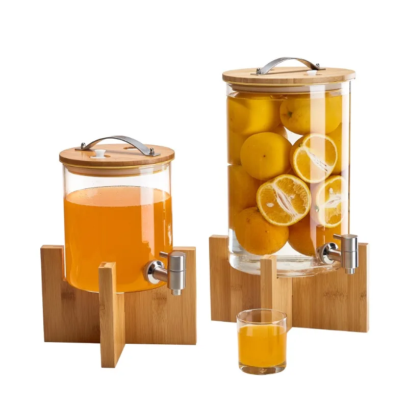 

Fashion creative wooden seat juice tripod 304 stainless steel faucet milk beverage bucket