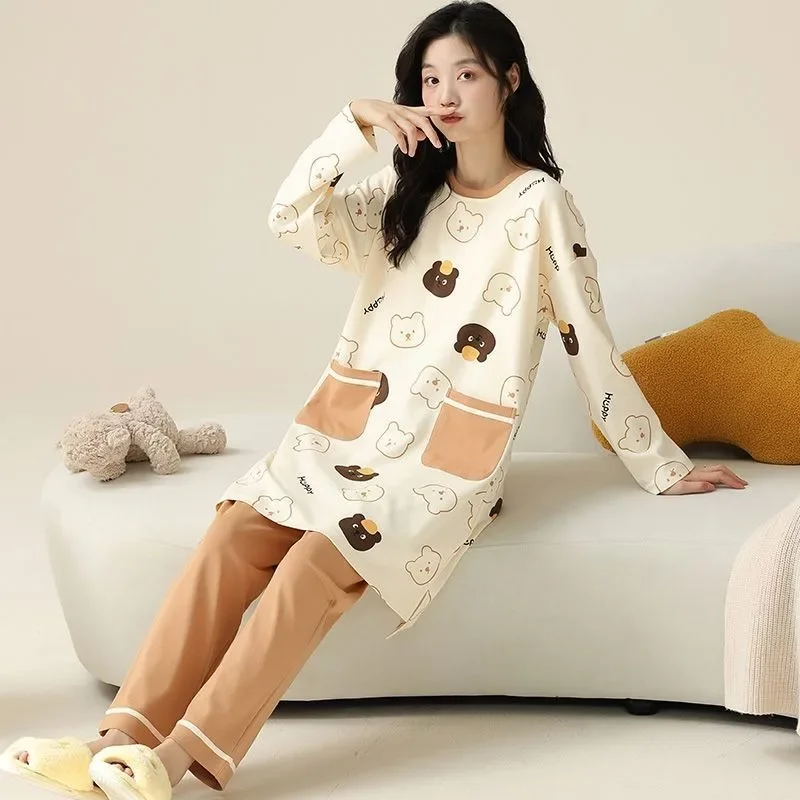 Female Spring Autumn Plus Fat200 Pounds Loose Can Be Worn Outside 6XL Extra Large Size Cotton Long Sleeve Princess Wind Pajamas