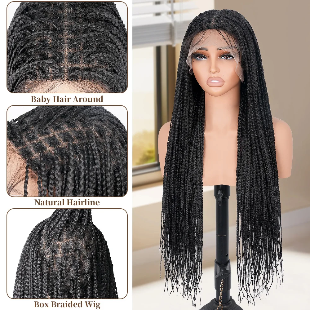 HD Full Transparent Lace Box Braid Wig Pre Plucked with Baby Hair 34 Inch Knotless Square Braided Lace Wigs for Black Women