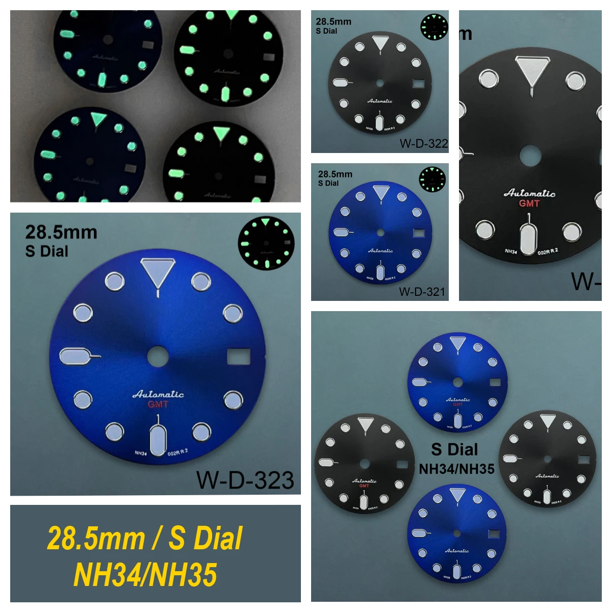 28.5mm S 5 Logo GMT Dial Fit NH34/NH35 Movement Green Luminous Black/Blue Sunray Dial Watch Modification Accessories