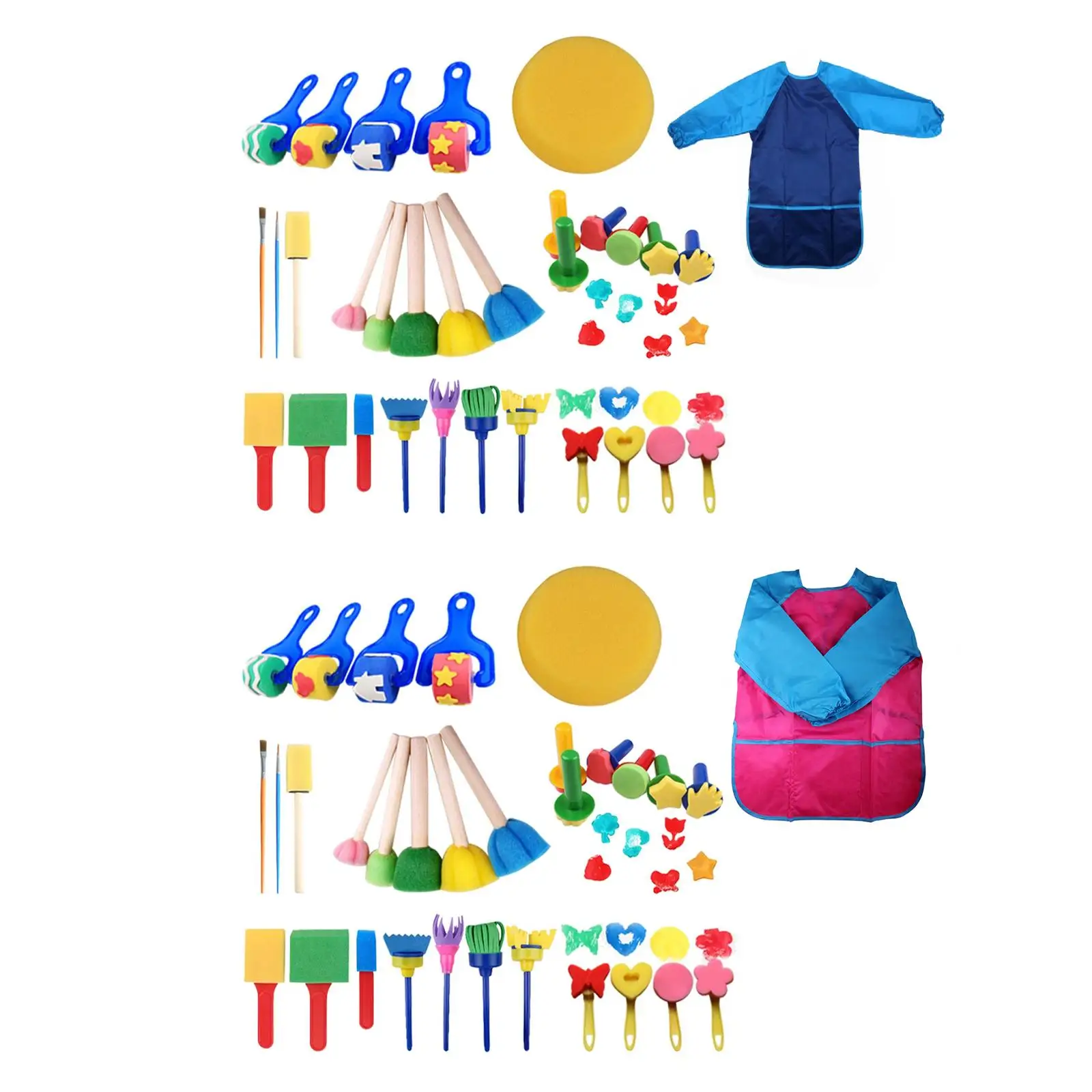 Spugne e pennelli per pittura per bambini con materiali artistici e grembiule