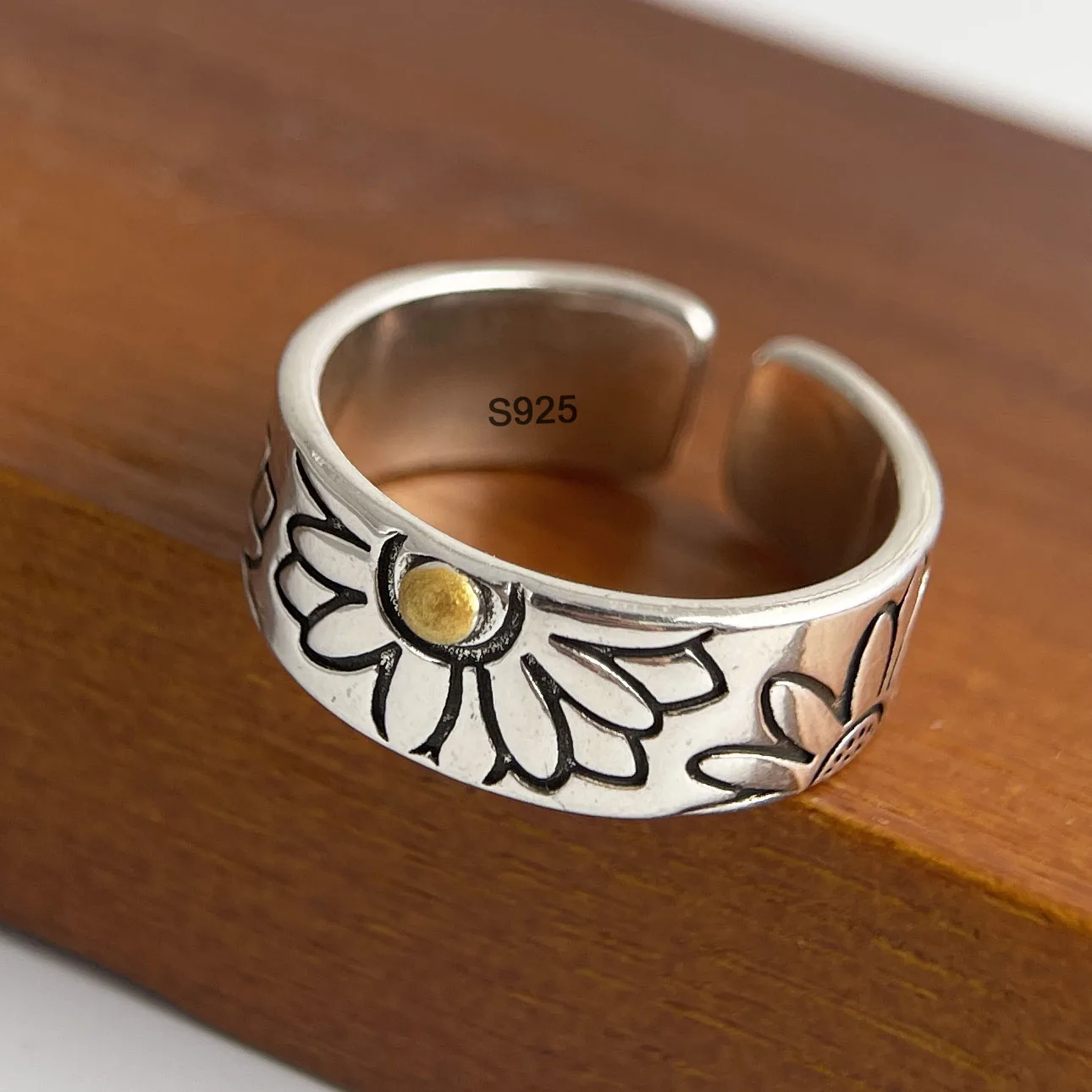 Women's 925 Sterling Silver Adjustable Vintage Flower Ring