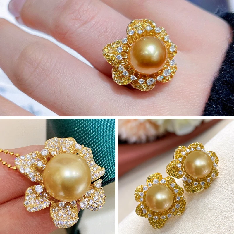 MeiBaPJ Natural Golden Pearl Fashion Flower Jewelry Set 925 Silver Pendant Ring Earrings Fine Wedding Jewelry for Women