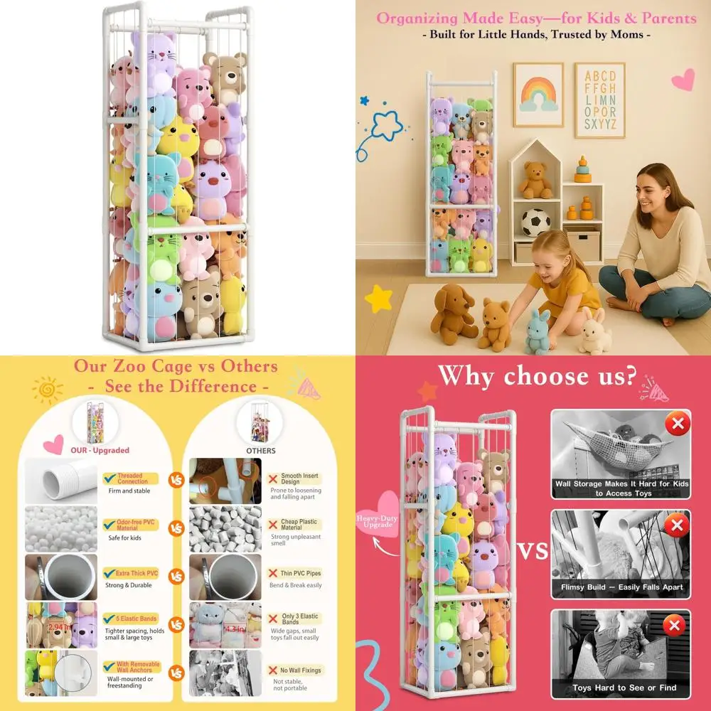 منظم حيوانات محشو كبير على شكل قفص حديقة الحيوان العمودي مع أنابيب PVC متينة لتخزين الألعاب الموفرة للمساحة