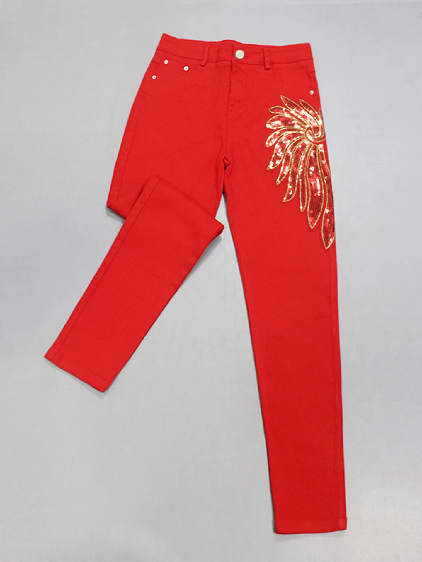 Embroidered Slim Fit Pants Women's 2026 New Korean Style Bright Sequin Pattern Casual Cotton Trousers High Waist Zipper Closure